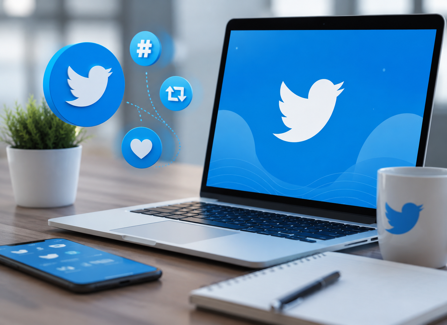 Twitter social media marketing on laptop and smartphone