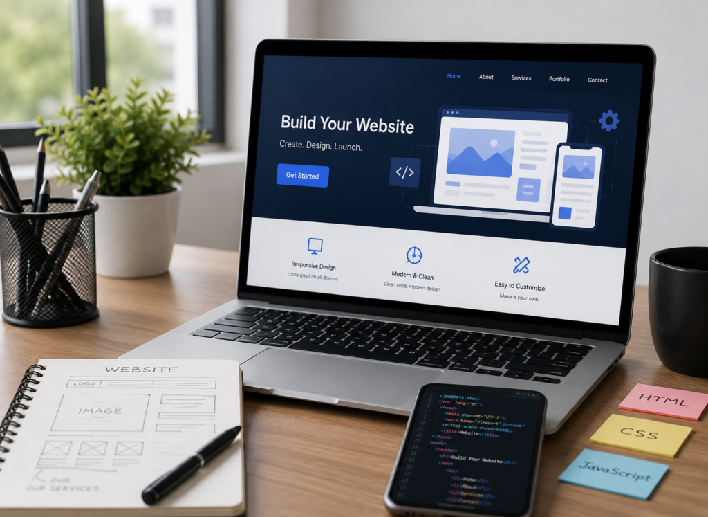 Website development and responsive web design on laptop