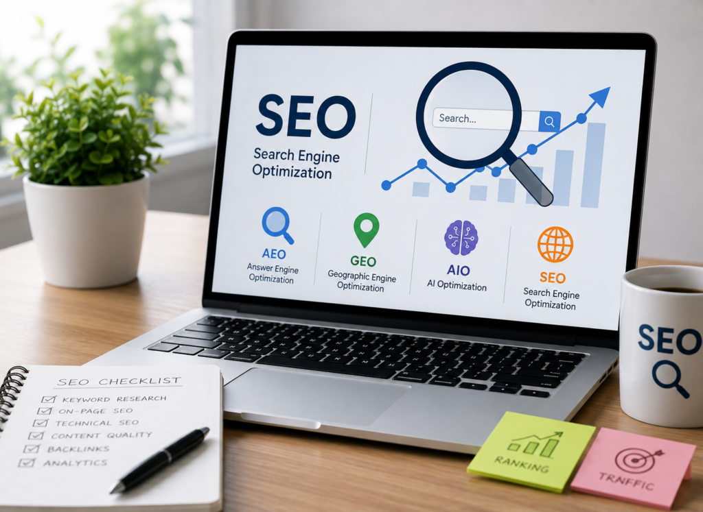 SEO search engine optimization with AEO, GEO and AIO