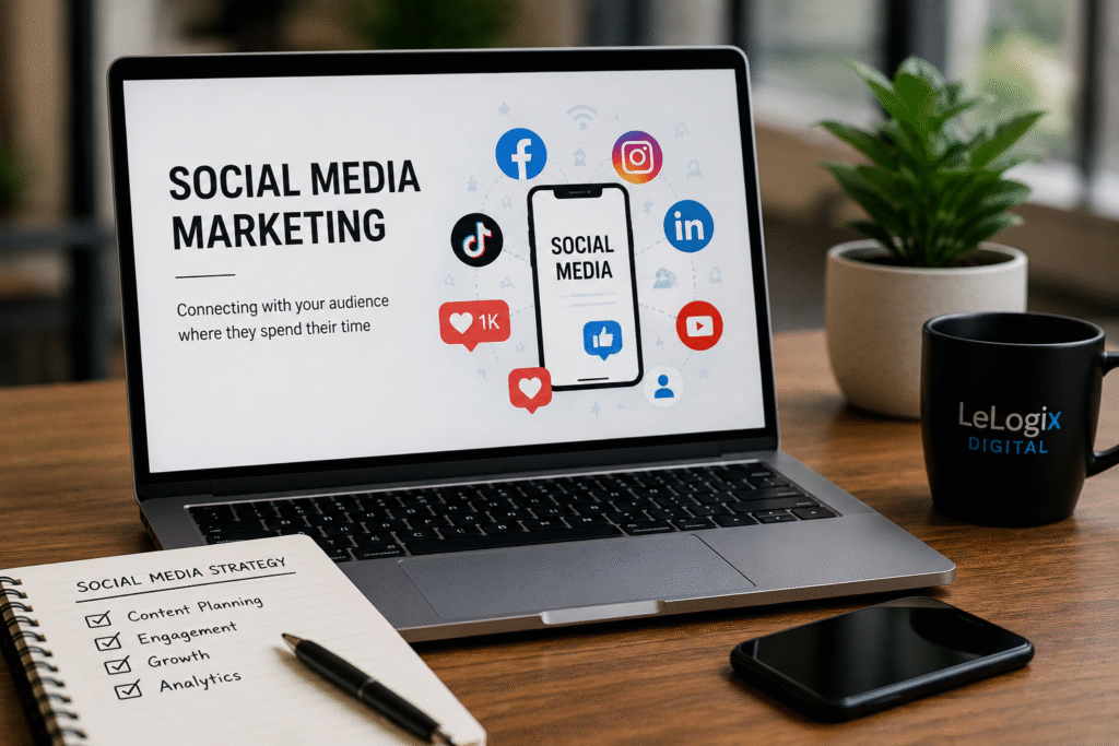 Social media marketing strategy on laptop with multiple social media platforms